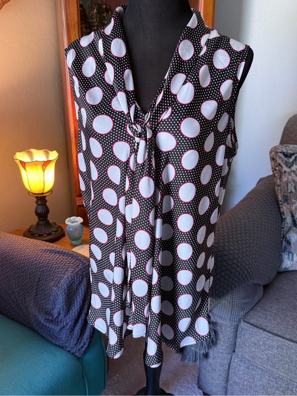Nine West Black Polka Dot Sleeveless Tie-Neck Top with Pink Trim